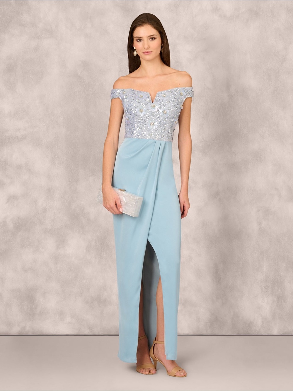 Aidan Mattox SZ 4 NWT Light Blue Beaded Off Shoulder Formal Satin Gown GALA MOB